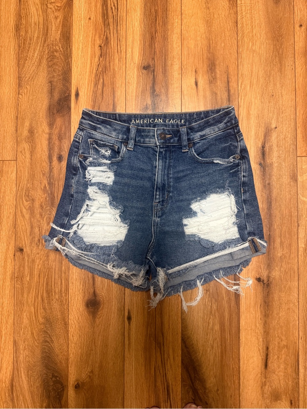 American Eagle Outfitters Distressed Dark Blue Denim Mom Shorts